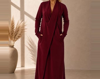 Burgundy Knit Dress, Long Kimono Style Dress with Shawl Collar and Side Pockets