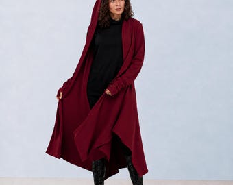 Burgundy Gothic Hooded Cardigan, Asymmetrical Maxi Wrap Jacket, Acrylic Knit Cloak