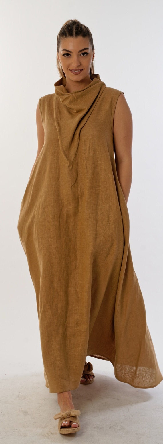 Avant Garde Maxi Loose Linen Dress for Women, Minimalist Slow Fashion for Capsule Wardrobe, Casual Solid Basic Turtleneck Long Dress