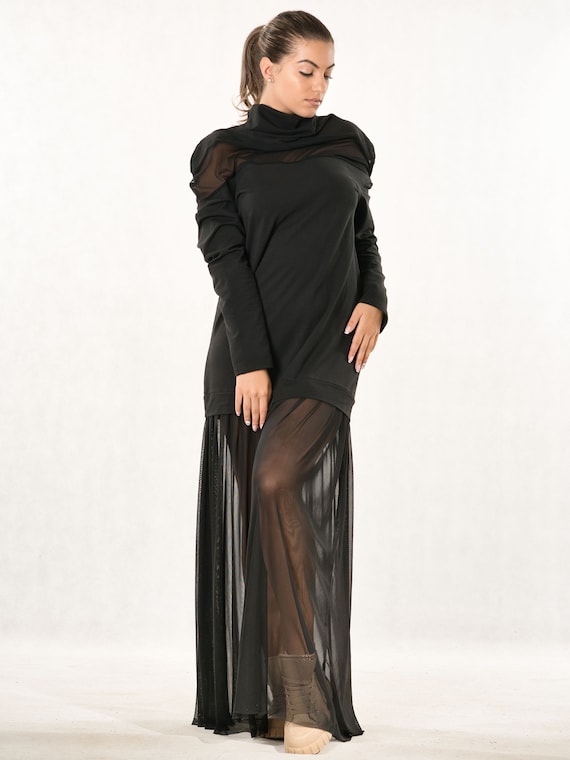 Unique Designer Long Sleeve Mesh Dress, Handmade Modern Turtle Neck Tunic, Plus Size Clothes,Special Occasion Dress, Women's clothing