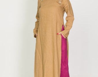 Tunica lunga originale in lino con colletto pop e abbottonatura moderna asimmetrica, veste color Sahara a maniche lunghe, top in lino unisex taglie forti