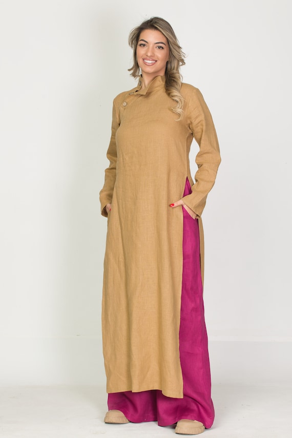 Original Long Linen Tunic with Chinese Collar ,Modern Asymmetrical Button Up, Long Sleeve Sahara Color Robe, Unisex Mandarin Collar Dresses