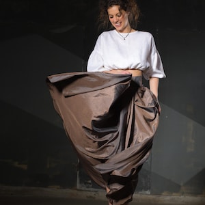 Asymmetrical Pearl Taffeta Maxi Skirt with Belt