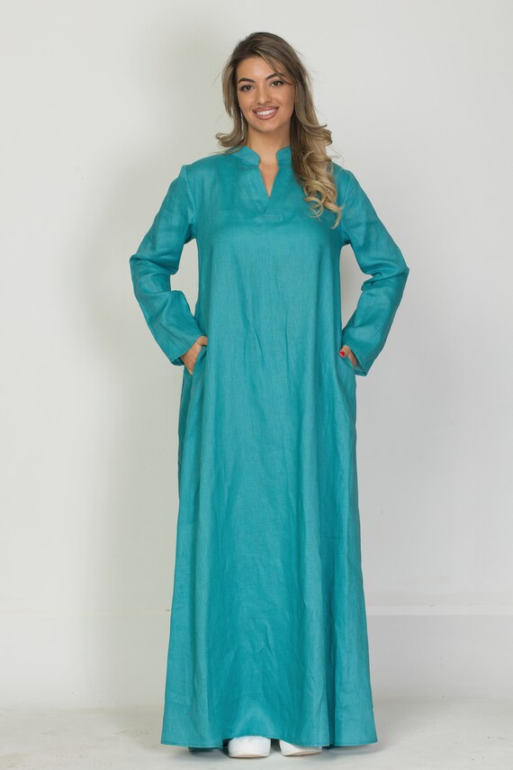 Linen Kaftan Women, Linen Maxi Abaya,Maternity dress, Arabic robe, A-line,Long linen dress with pleated back, side pockets, long sleeve