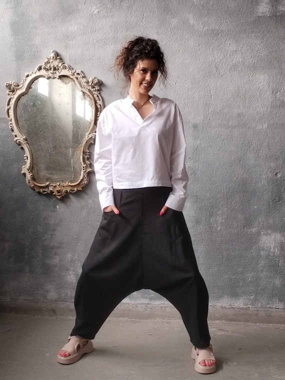 Contemporary dropcrotch pants,Avant-Garde Harem Pants,Black harem pants,Low crotch pants,Traditional Fashion,Casual Wear,Maxi Baggy Bottoms