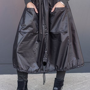 High Waist Black Midi Skirt With Elastic Waist, Side And Original Front Pockets, Bubble Skirt And Drawstring Bottom, Steampunk Clothing