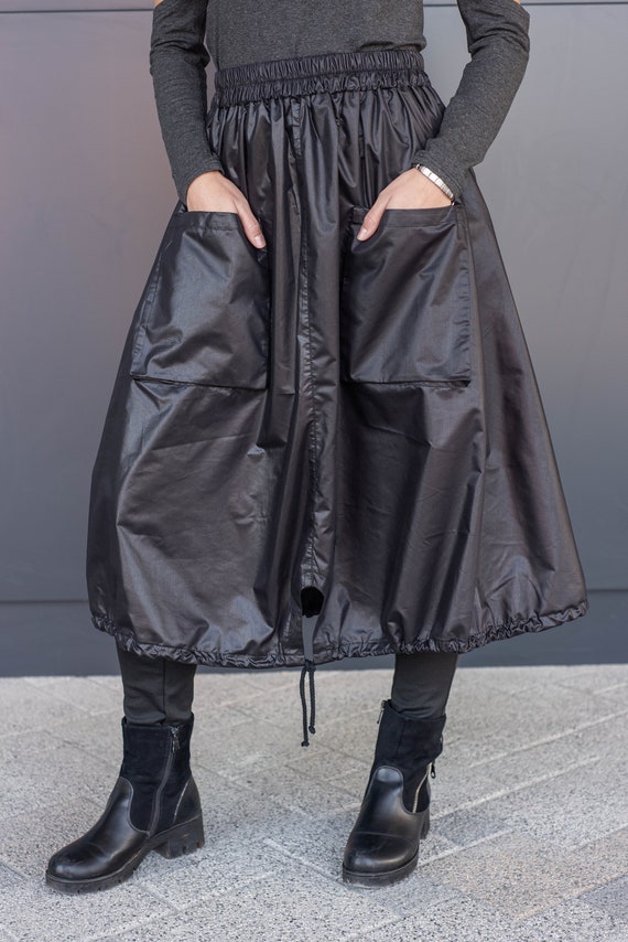 High Waist Black Midi Skirt With Elastic Waist, Side And Original Front Pockets, Bubble Skirt And Drawstring Bottom, Steampunk Clothing