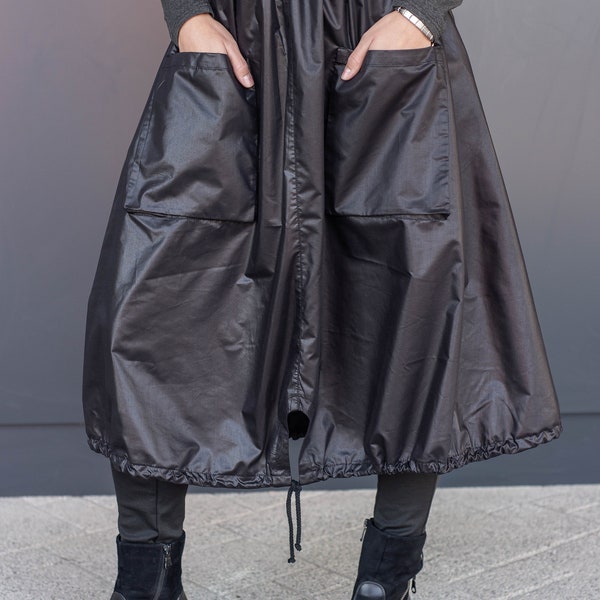 Jupe mi-longue noire taille haute avec taille élastique, poches latérales et poches avant originales, jupe boule et bas à cordon, vêtements steampunk