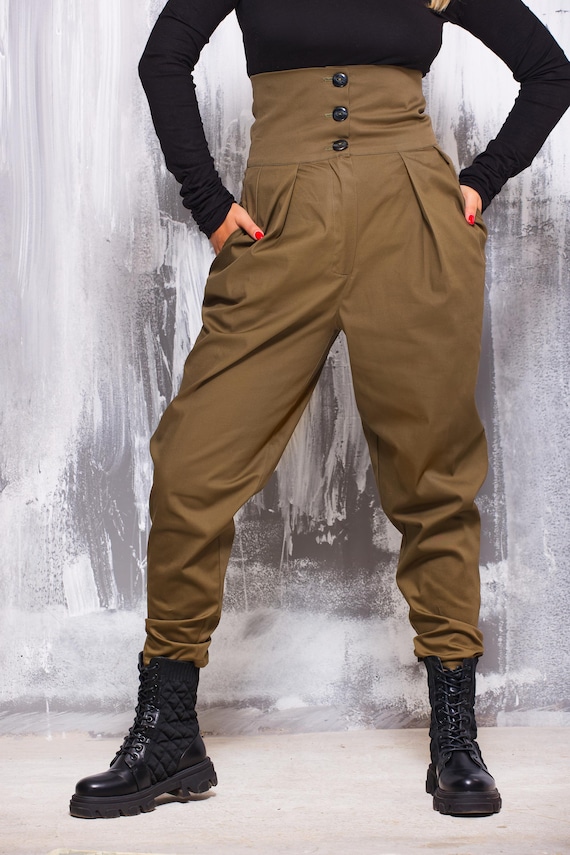 Ultra High Waisted Pleated Cargo Pants for Women, Button Front Wide Leg Tapered Trousers, Baggy Y2K Streetwear, Japanese Aesthetic Clothing