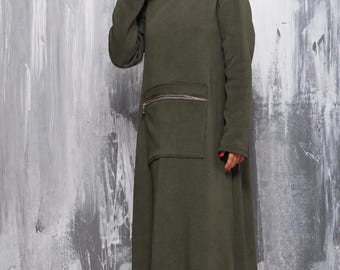 Olive Green Fleece Hooded Maxi Dress with Long Sleeves and Front Zipper Pocket