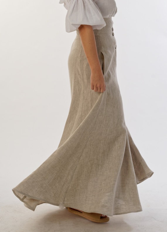 Wide Waist Linen Skirt, Asymmetrical Button Up, Victorian Walking Skirt With Front Hidden Pockets, Natural Color Linen Skirt,Turntable shape
