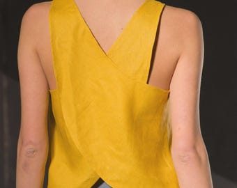 Women's Linen Tank Top, Open Back, Boho Summer Blouse, Minimalist Crossed Back