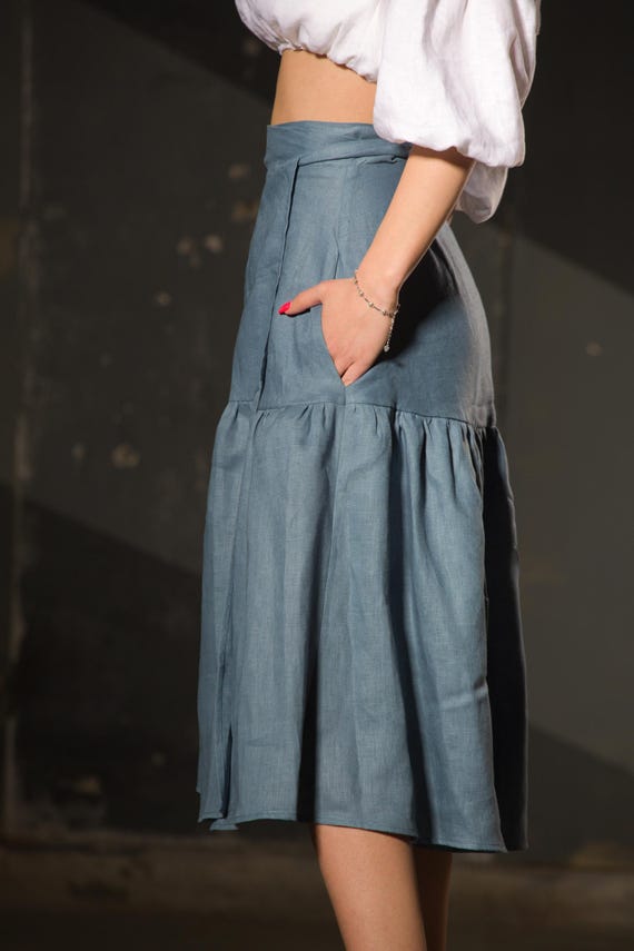 Tiered Midi Linen Wrap Skirt with Pockets,Bohemian Summer Clothing, Casual Resort Wear, Versatile Sustainable Fashion,Adjustable waist skirt
