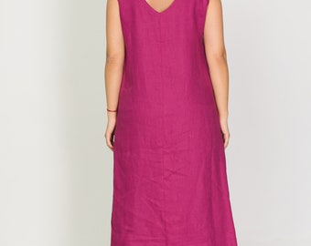 Sale of linen dresses from a photo shoot , Open Back Linen Long Dress With Hood Pockets, Long Sleeve Tunic Asymmetrical Button Side Slits