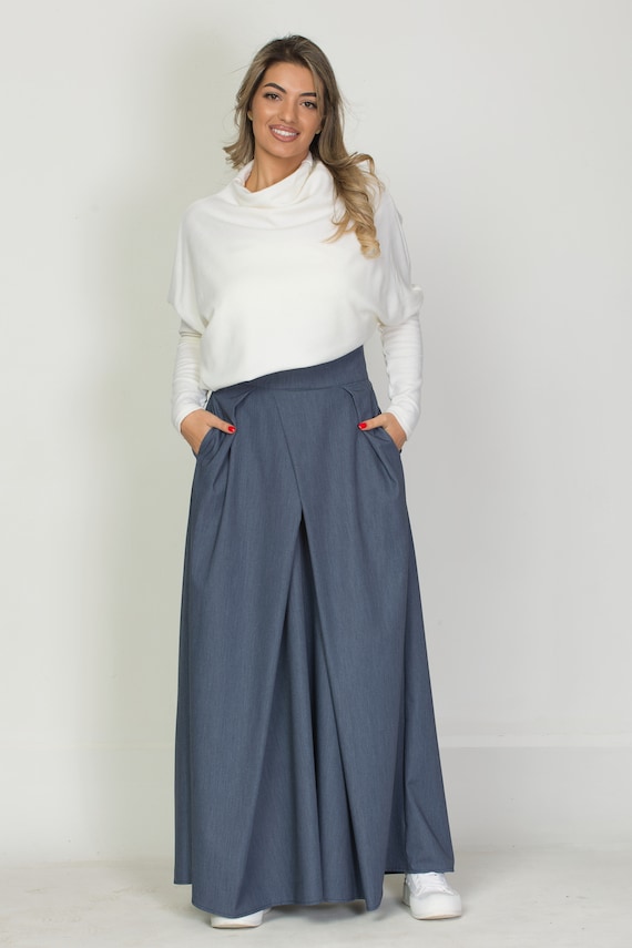 Women's High Waisted Floor Length Side Pockets Skirt, Flare All Season Skirt, Casual Street Wear, Japanese Style, Original Draped Skirt