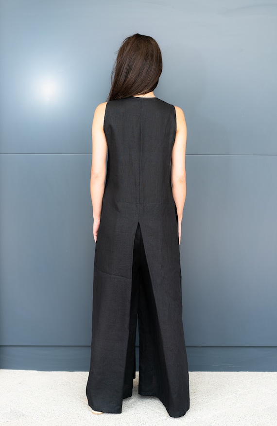 Jumpsuit Women, Linen Jumpsuit, Black Palazzo Jumpsuit, Linen Clothing, Wide Leg , Long Jumpsuit, Modern Vision, Avant-garde holiday style