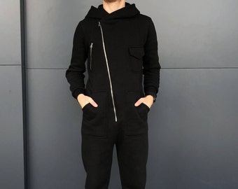 Combinaison noire, combinaison homme, combinaison printemps, combinaison à capuche, combinaison manches longues, vêtements grande taille, combinaison homme, combinaison bohème