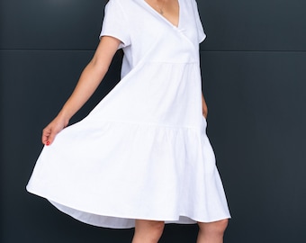 Women's linen dress, Cute white dress ruffle dress, Maxi linen dress, Wide dress, Dress with loose sleeve, Dress with pockets