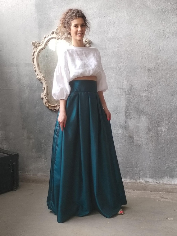 Beautiful Petrol Skirt, Party Skirt, Taffeta Skirt, High Waist Maxi Skirt, Special Occasion Skirt, Gorgeous Pearl Taffeta Skirt