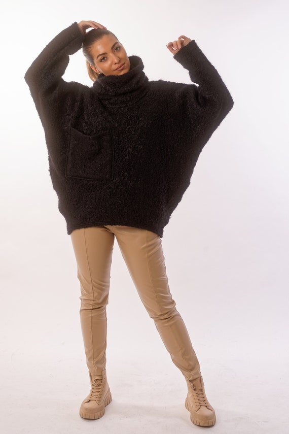 A wide winter sweater with a high loose collar, Knit Sweater, Oversized Sweatshirt Women, Boho Winter Tunic, Knitted Sweaters for Women