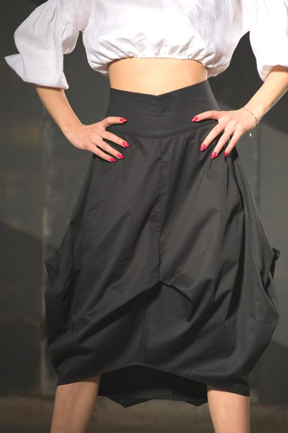 Asymmetric Black Avant-Garde Skirt with Draping, Pockets, Fixed Waist, Hidden Back Zipper, Futuristic Below Knee Length,Balloon Skirt