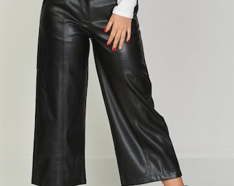 Black Faux Leather Wide Leg Capri Pants , Cropped Pants