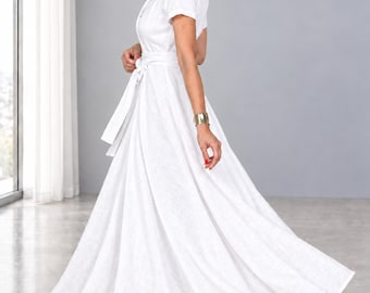 White Linen Wrap Dress, Shawl Collar, Short Sleeve, A-Line Maxi (Handmade)