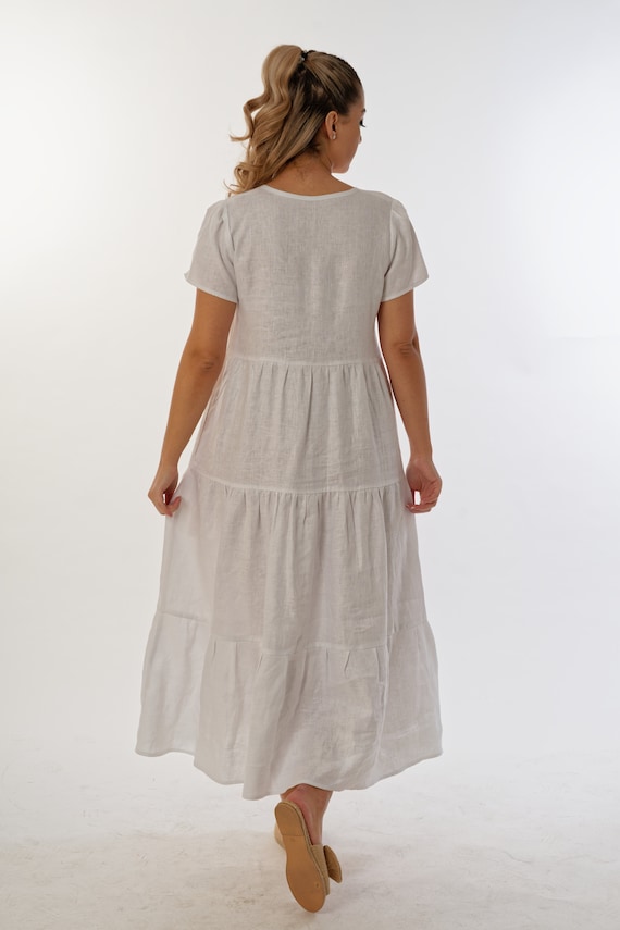 White Linen Dress With Three Ruffles,Plunge Neckline ,Side Pockets,Cute Short Sleeves,Plus Size Linen Clothing,Casual High Waist Loose Dress