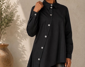 Black Cotton Poplin Asymmetrical Tunic Shirt, Avant Garde Long Sleeve Top