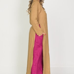 Original Long Linen Tunic with Chinese Collar ,Modern Asymmetrical Button Up, Long Sleeve Sahara Color Robe, Unisex Mandarin Collar Dresses image 8