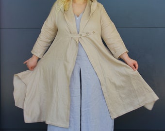 Long Linen Trench Coat with Hood and Pockets, Lightweight Spring Coat for Women, Oversize Hooded Cloak Cardigan, Alt Urban Streetwear