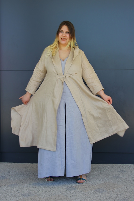Long Linen Trench Coat with Hood and Pockets, Lightweight Spring Coat for Women, Oversize Hooded Cloak Cardigan, Alt Urban Streetwear