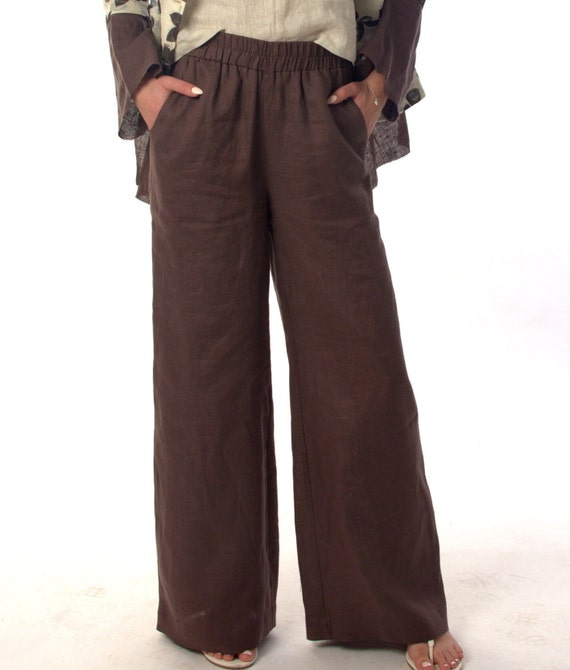Casual Pants Linen, Women Brown Wide Leg Linen Pants ,Plus Size Palazzo Linen Pants For Women, Japanese Style Linen, Pants Elastic Waist
