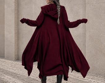 Burgundy Asymmetric Hooded Knit Duster, Gothic Avant-Garde Outerwear