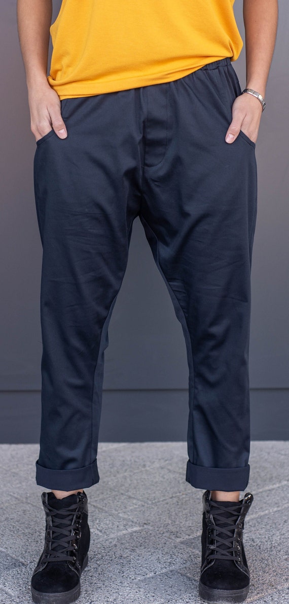 Dark Blue Pants, Women Pants, Harem Pants, Baggy Pants, Bohemian Pants, Drop Crotch Pants, Ankle Length Low Waist Casual Utility Joggers