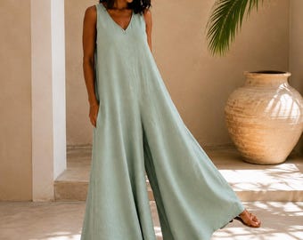 Mint Green Linen Jumpsuit Women, Sleeveless Wide Leg Summer Romper