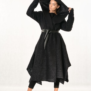 Asymmetric Bouclé Cardigan: Avant Garde Hooded Vest with Faux Leather Belt