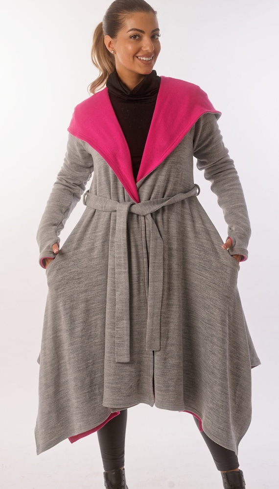 50% DISCOUNT Double-sided gothic cardigan in light grey and cyclamen with a hood, pockets, belt and holes for the thumb on the sleeves.