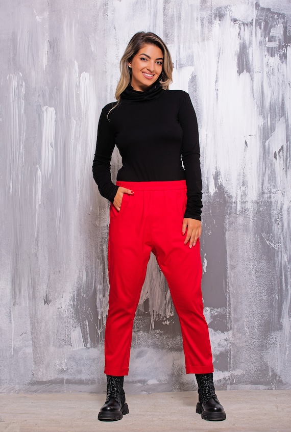 Hot Red Tapered Trousers for Women, Drop Crotch Cargo Pants, Ankle Length Low Waist Casual Utility Joggers, Satin Cotton