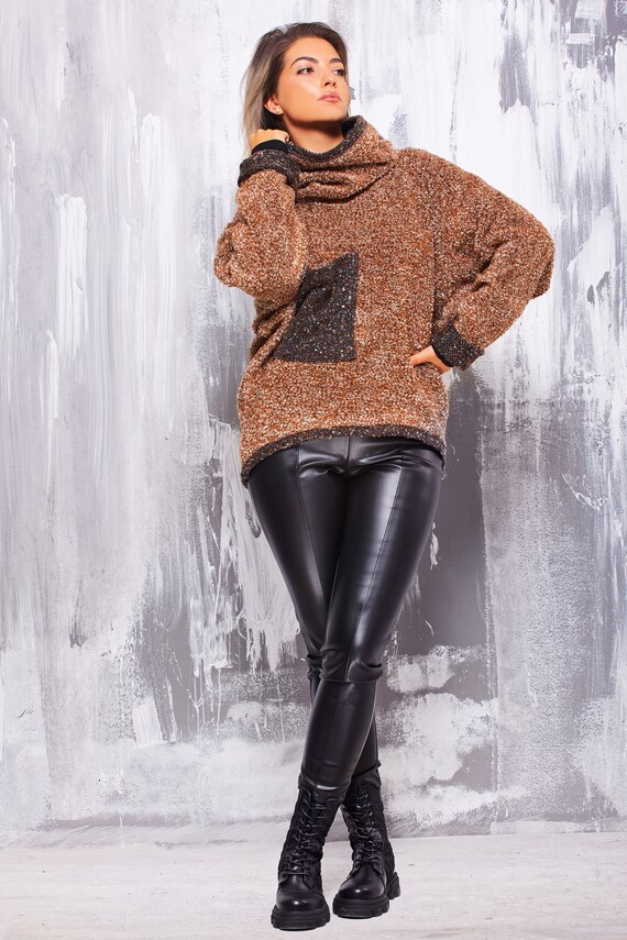 Fluffy Boucle Oversized Sweater, Loose Drop Shoulder Wide Turtleneck Sweatshirt, Warm Soft Winter Blouse for Women