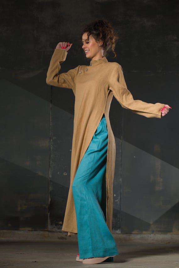 Original Long Linen Tunic with Chinese Collar ,Natural Fabric Clothing, Eco Friendly Clothing, Bohemian Unisex Wear, Linen Kaftan Tunic
