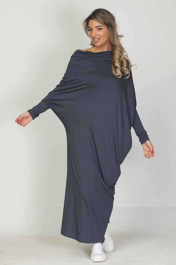 Women's Sweater Dress, Shoulder and Off Shoulder Long Sleeve Dress, Long Knit Tunic, Extravagant Anthracite Dress, Asymmetric casual top