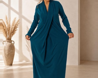 Petrol Blue Maxi Dress, Acrylic Knit Kimono Style, Draped Neckline, Pockets