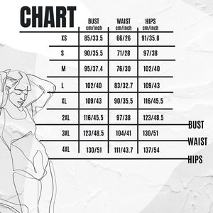 以下が含まれることがあります： インチとセンチメートルで測定された衣服のサイズチャート。チャートは、XSから4XLまでのサイズのバスト、ウエスト、ヒップの測定値を示しています。