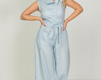 Futuristic Linen Palazzo Jumpsuit,Women's Linen Plus Size Jumpsuit ,Belted Side Pockets,Dress With Legs, Scoop Collar Asymmetrical Fastening