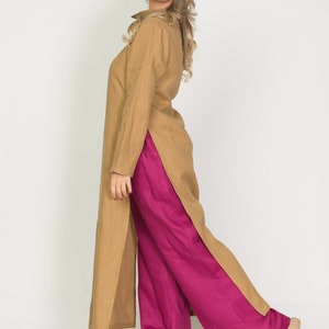 Original Long Linen Tunic with Chinese Collar ,Modern Asymmetrical Button Up, Long Sleeve Sahara Color Robe, Unisex Mandarin Collar Dresses image 5