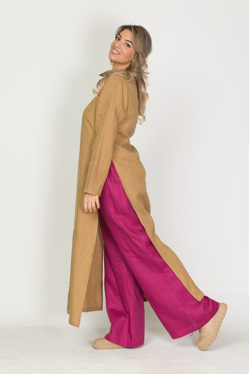 Original Long Linen Tunic with Chinese Collar ,Modern Asymmetrical Button Up, Long Sleeve Sahara Color Robe, Unisex Mandarin Collar Dresses image 5