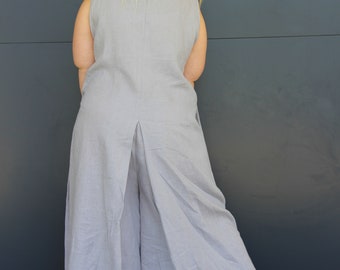 Mono mujer, mono maxi damas con bolsillos, mono palazzo, mono gris claro, ropa de lino, mono de pierna ancha, talla plus