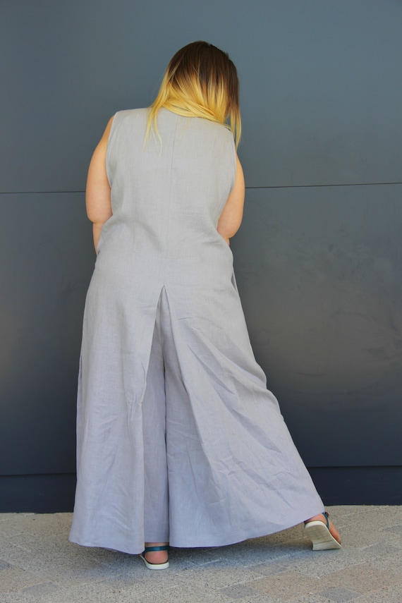 Jumpsuit Women, Maxi Ladies Overalls with Pockets, Palazzo Jumpsuit, Light grey Jumpsuit, Linen Clothing, Wide Leg Jumpsuit, Plus Size