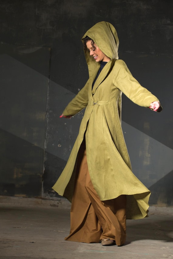 Lime Green Asymmetrical Linen Hooded Coat with Pockets - Boho Style, Lightweight Long Jacket, Unique Design, Comfortable Outerwear